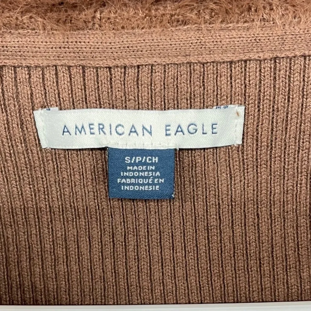 American Eagle Women Size S Zip Up Cardigan Brown Faux Fur Collar Ribbed Sweater - Picture 7 of 8